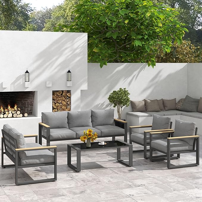 RoyalCraft Aluminum Patio Furniture Set, 7-Seats Outdoor Conversation Set with Coffee Table, Metal Outdoor Patio Furniture Set for Porch Backyard Garden, Grey