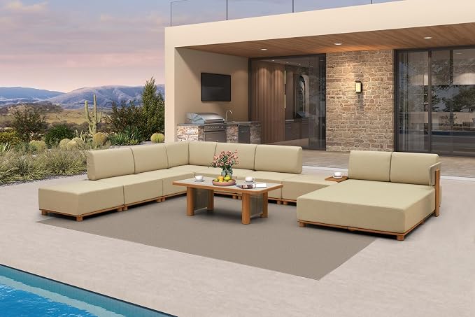 PURPLE LEAF Patio Furniture Set Modular U-Shaped Outdoor Sectional Sofa with 11" Thick Olefin Cushion 9-Piece Outdoor Conversation Set w/Daybed & Ottoman for Backyard Poolside Table Included, Beige