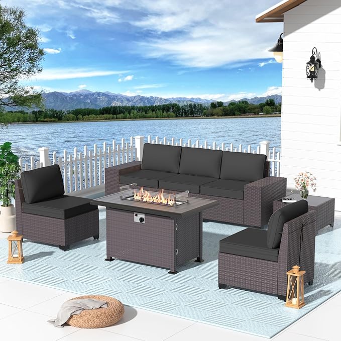 Patio Furniture Set 7 Pieces Outdoor Furniture Patio Conversation Set w/43in Gas Fire Pit,PE Rattan Wicker 7 Pcs Outdoor Sofa Set w/55000 BTU Propane Fire Pit Table,Black