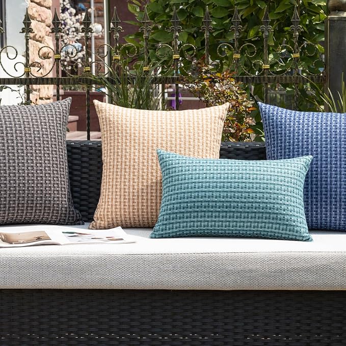 Kevin Textile Outdoor Waterproof 22"x22" Pillow Covers 2 Pack, Teal | Water Resistant Weaving Faux Linen Texture Throw Pillow Covers, Outside Decorative Pillowcases for Garden Patio Balcony Couch