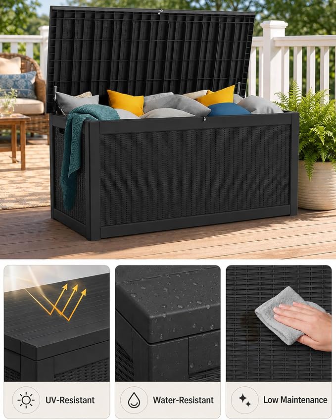 325 Gallon Extra Large Waterproof Deck Box, Heavy Duty Resin Outdoor Storage Box, Outside Storage Bench with Hydraulic Rod for Patio/Furniture Cushions/Garden Tools/Backyard/Pool Accessories, Black