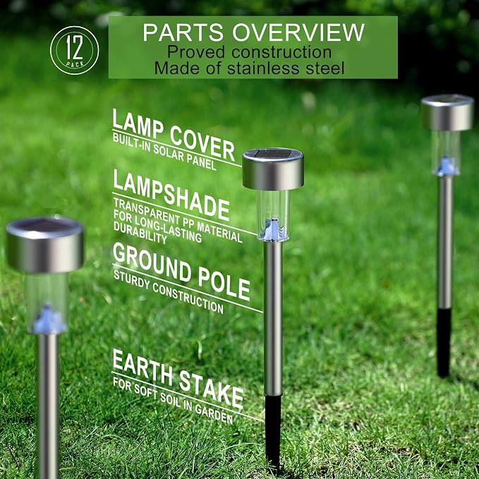 Solar Lights Outdoor Waterproof, Solar Garden Lights, Cold White, 12 Pack | Outdoor Solar Lights Stainless Steel LED Landscape Lighting Decorations for Yard Pathway Patio Lawn