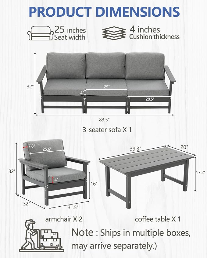 HDPE Outdoor Patio Furniture Set, 6-Piece Sofa Set with 3-Seat Couch, 2 Armchairs & Coffee Table, Weatherproof Conversation Set with Cushions, All-Weather Waterproof, for Garden, Porch & Backyard