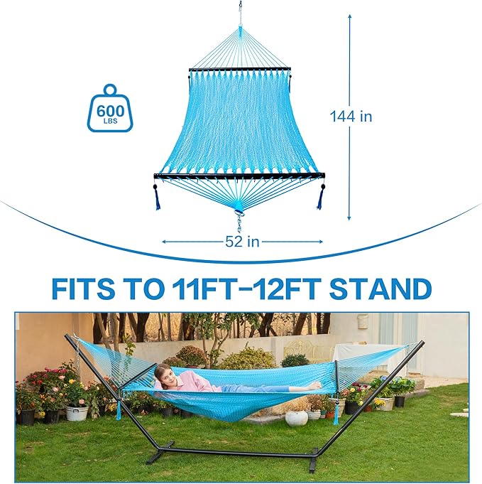 PNAEUT Double Rope Hammocks for Outside, Handwoven Double Caribbean Hammock with Spreader Bar for Outdoor Indoor, Max 600 lbs Capacity (Sky)