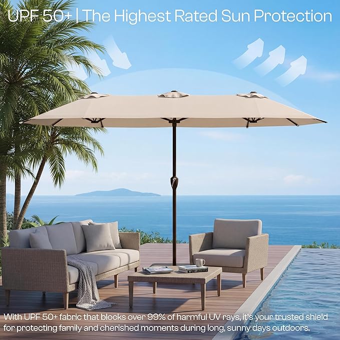 15FT Large Patio Umbrella with Base, Double Sided Rectangular Outdoor Umbrella with Sturdy Fiberglass Ribs, UPF 50+ Sun Protection, Wind-Resistant, Waterproof Fade-Resistant Fabric for Pool, Garden, Backyard, Deck(Beige)