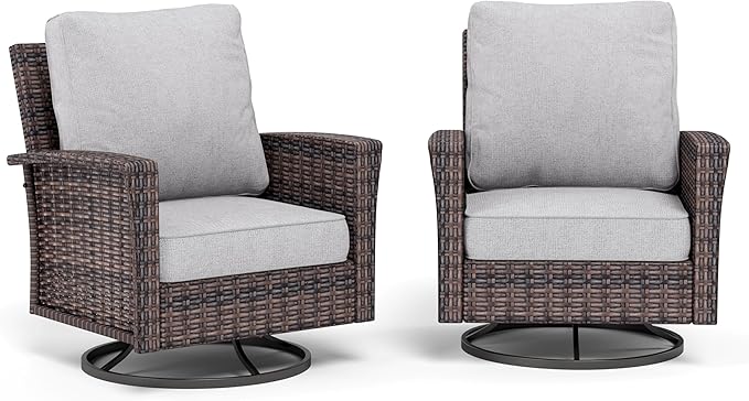 Patio Wicker Swivel Chairs Set of 2, Outdoor High Back Chairs with 5.5" Waterproof Cushions, Outdoor Furniture Set for Deck Porch and Yard, Light Grey