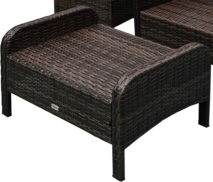 Outsunny 5 Pieces Rattan Wicker Lounge Chair Outdoor Patio Conversation Set with 2 Cushioned Chairs, 2 Ottomans and Tempered Glass Top Coffee Table, Brown/Beige