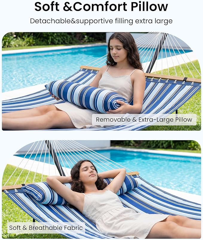 Double Hammock with Spreader Bar & Pillow, 2-Person Portable Hammock, 500lbs Capacity for Outdoor Camping, Patio, Backyard, Garden, Beach & Travel Relaxation – Blue