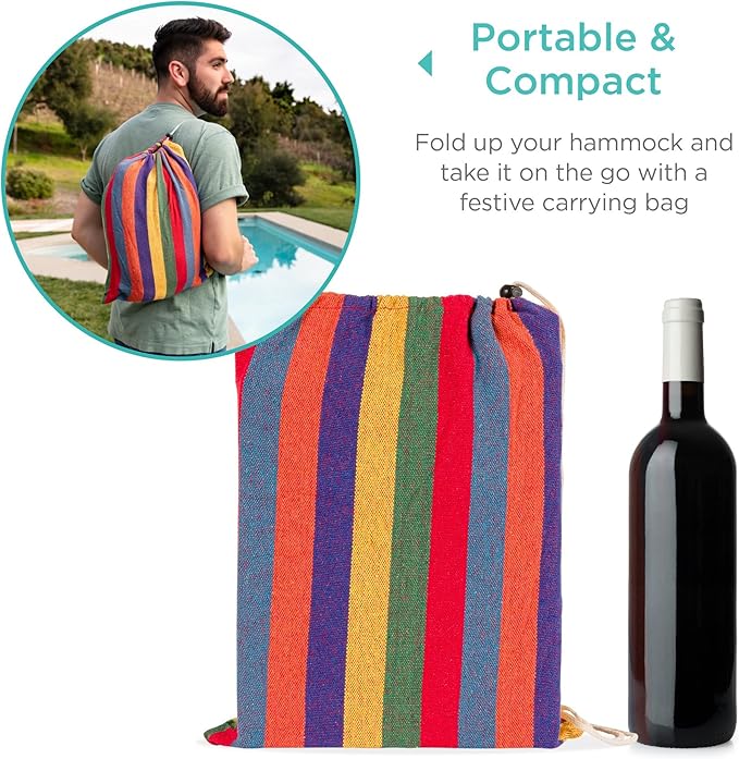 2-Person Cotton Double Hammock Bed with Portable Carrying Bag, Lightweight Hammocks for Backpacking, Travel, Beach, Backyard, Patio, Hiking (Rainbow)