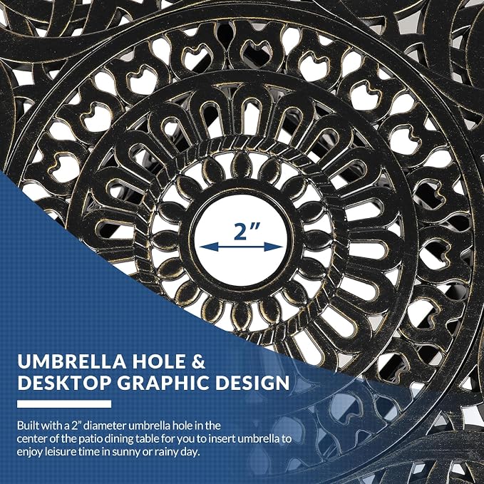 5-Piece Outdoor Patio Dining Set, All-Weather Cast Aluminum Patio Table Set, Include 4 Cushioned Chairs and a 35.4 inch Round Table w/Umbrella Hole for Balcony Garden Backyard, Ocean Blue