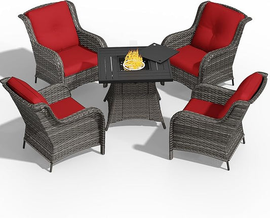 5 Pcs Patio Furniture Set with Fire Table-31'' Fire Pit Table, 4 Outdoor Rattan Wicker Conversation Chairs (4 Fixed Chairs) (Red)