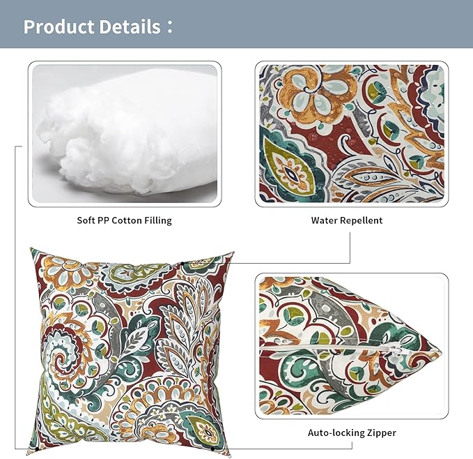 Outdoor Pillows with Insert 20x20 Inch, Waterproof Throw Pillow for Patio Furniture, Decorative Back Cushion for Garden Home Sofa Office Chair, Set of 2, Paisley Chilli