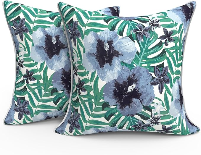 Outdoor Throw Pillow Covers Pack of 2, Decorative Water Repellent Square Pillow Cases with Piping 18x18 Inch, Blue Salmone Tropical