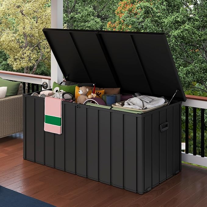 Domi 200 Gallon Metal Deck Box, Waterproof Outdoor Storage Box with Lockable Lid, Large Pool Storage Cabinet for Patio Furniture Garden Tools Pool-Supplies, Grey
