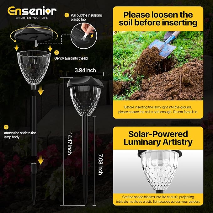 Ensenior Solar Pathway Lights Outdoor - 14.17" Height, 3000K LED Landscape Garden Lights, IP65 Waterproof, Tool-Free Auto ON/Off for Garden Yard Patio Walkway Landscape, 8-Pack