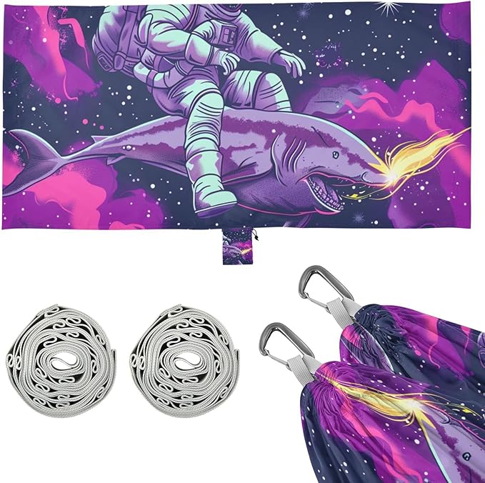 Cartoon Cool Astronaut Riding Shark Psychedelic Galaxy Outer Space 330lb Capacity Camping Hammocks with Hanging Rope Indoor Hammock for Outside Camping Essentials Base para hamacas