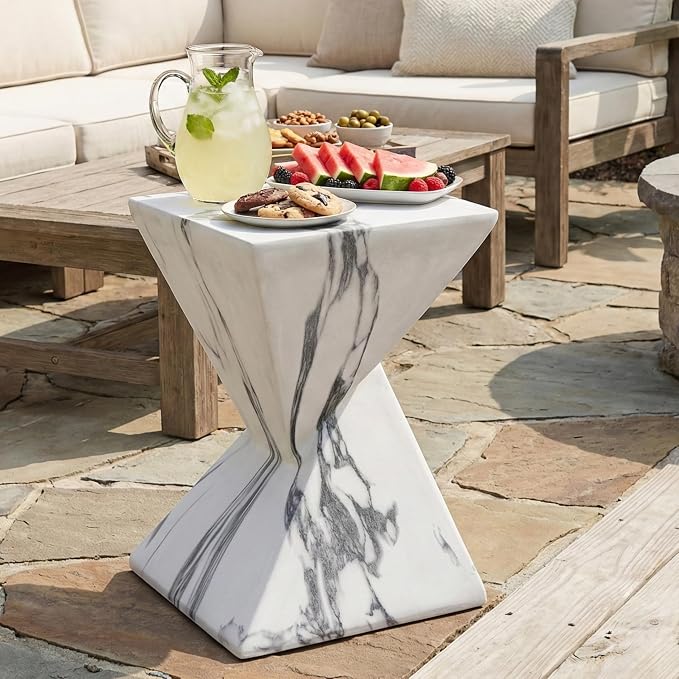 Merax 18.5" H Modern Outdoor Concrete Side Table, Patio End Table with Sculptural Fluted Design, Weather-Resistant Geometric Minimalism Accent Table for Garden, Balcony & Poolside, Marble