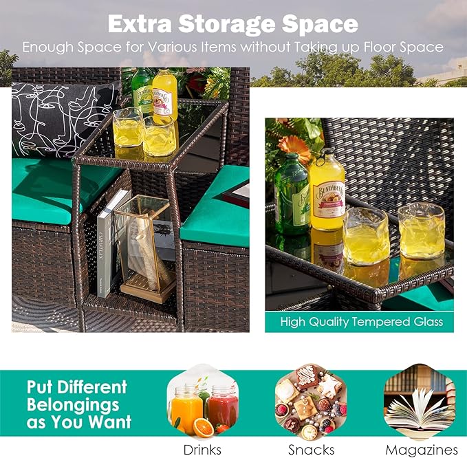 RELAX4LIFE Patio Outdoor Loveseat Set - PE Wicker Conversation Set w/Removable Cushion, Build-in Tempered Glass Coffee Table, Rattan 2-Seater Chair for Porch, Balcony, Patio Furniture Set (Turquoise)