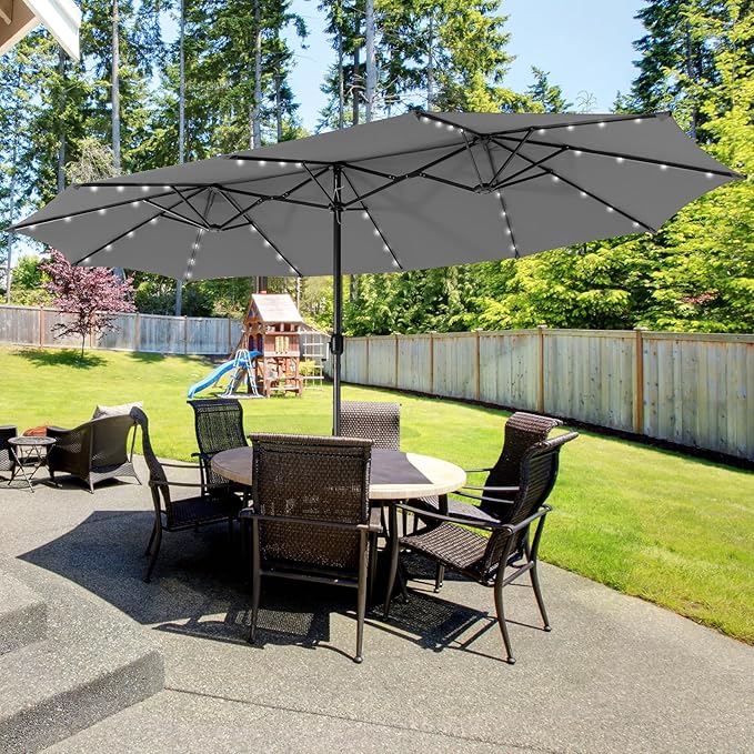 Giantex 15 FT Double Patio Umbrellas with 48 Solar LED Lights, Auto-Charging Panel, Crank System, Outdoor Extra-Large Rectangle Market Table Umbrella for Garden Deck Backyard Beach Pool