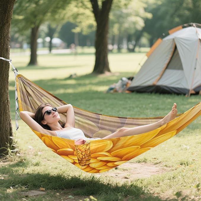 Chrysanthemum Flower Camping Hammock, Portable Lightweight Single Hammock with Tree Straps and Aluminum Carabiners, 114" x 54" Travel Hammock for Hiking Backpacking Beach