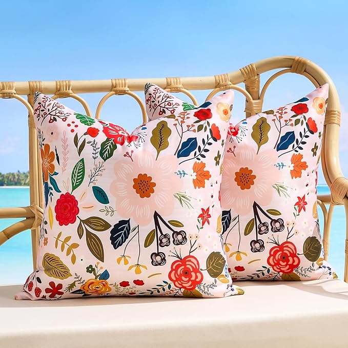 Outdoor Pillow Covers Waterproof Decorative Pink Pillow Covers Summer Floral Accent Square Couch Covers Garden Farmhouse Throw Cushion Cases 20x20 Inch Set of 2 for Patio Tent Balcony Bench Sofa