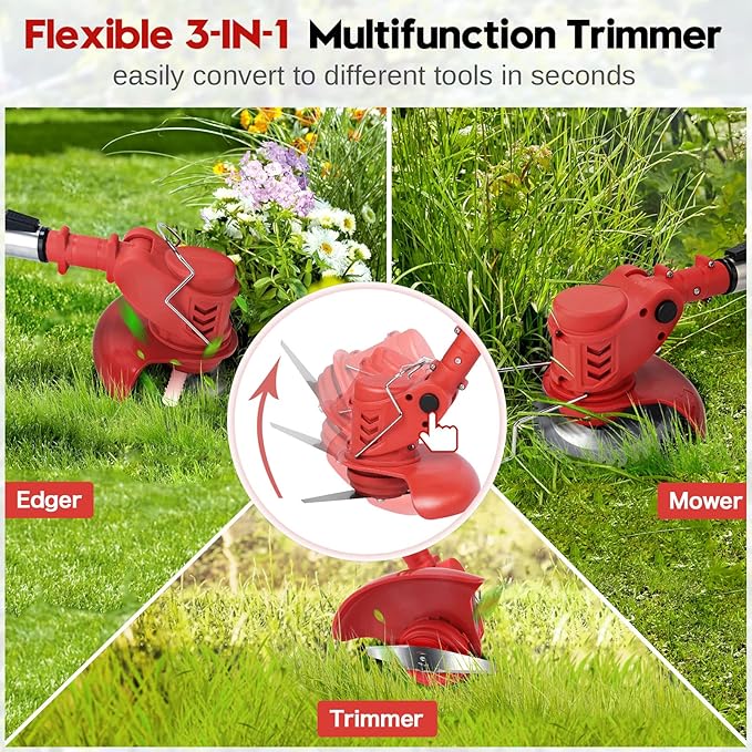 Cordless Weeder Mower Battery Powered 21V 2000mAh, Electric Weeder Brush Cutter, Height Adjustable Edge Trimmer mini Mower 3-in-1 Cutting Tool, 8 Blades, 1 Wheel, 2 Batteries, 1 Charger