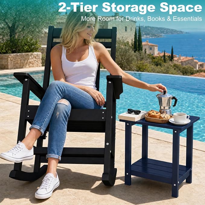 Outdoor Side Table with Storage Shelf, 2-Tier Patio Side Table, HDPE All Weather Outdoor End Tables for Adirondack Chair, Small Patio End Table for Backyard Porch Lawn Poolside, Dark Blue
