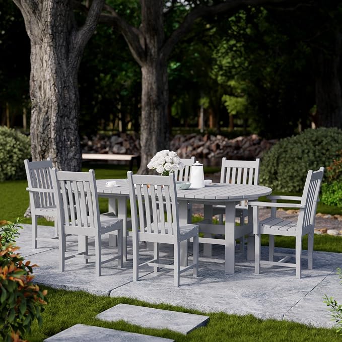 Wildridge Classic 7-Piece 44"x84" Dining Set, Light Gray - Outdoor Weather Resistant Recycled Plastic Furniture for Patio