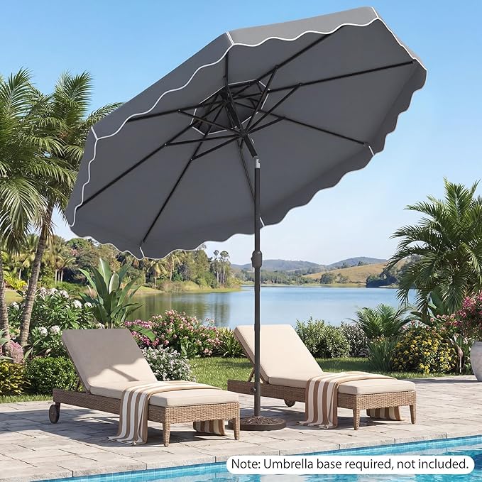 Happygrill 10 FT Patio Umbrella, Scalloped Outdoor Table Market Umbrella with Push Button Tilt & Crank, 2-Tier Vented Top, Heavy-Duty 8 Metal Ribs, Sun-Protective Canopy, Ruffle for Deck Pool Garden (Gray)