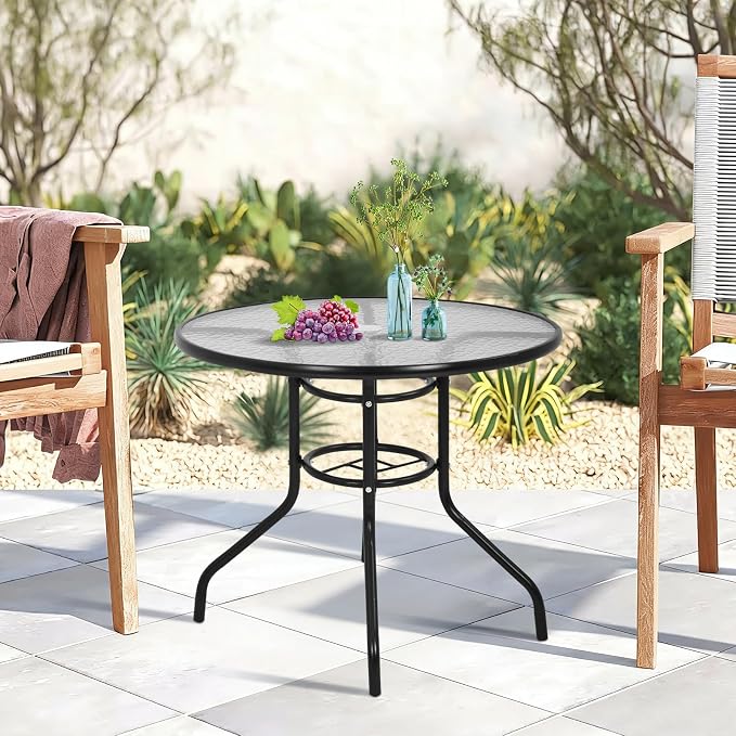 BLKMTY 32" Round Bistro Table Outdoor Furniture Garden Tables Patio Coffee with Tempered Glass Top Patio Glass Side Table for Backyard Lawn Balcony Pool, Black