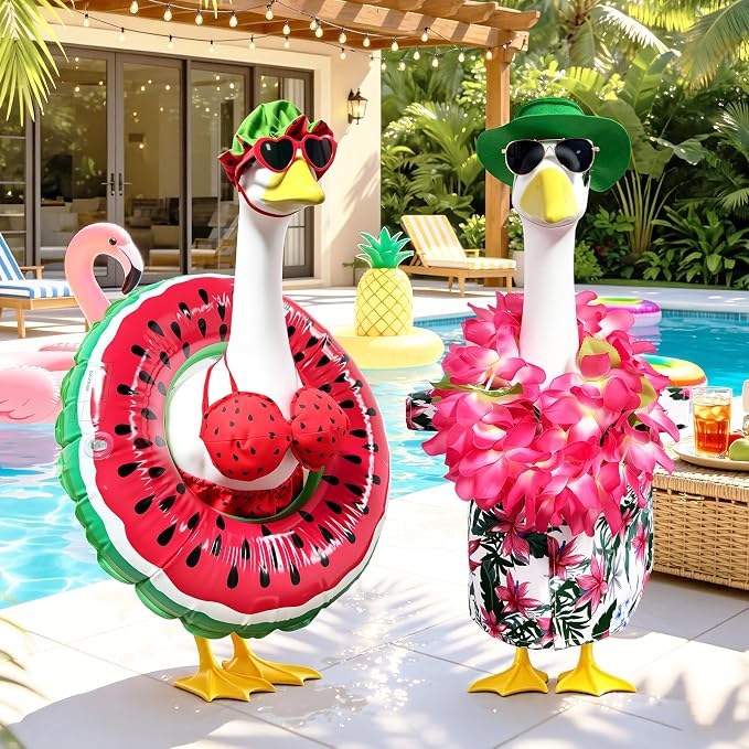 2 Set Hawaiian Porch Goose Outfits,23''Porch Goose Summer Outfits,Bikini Lawn Goose Costume,Yard Goose Clothes Skirt Hat Glasses Floral Wreath Swimming Ring for Outdoor Garden Yard Decor