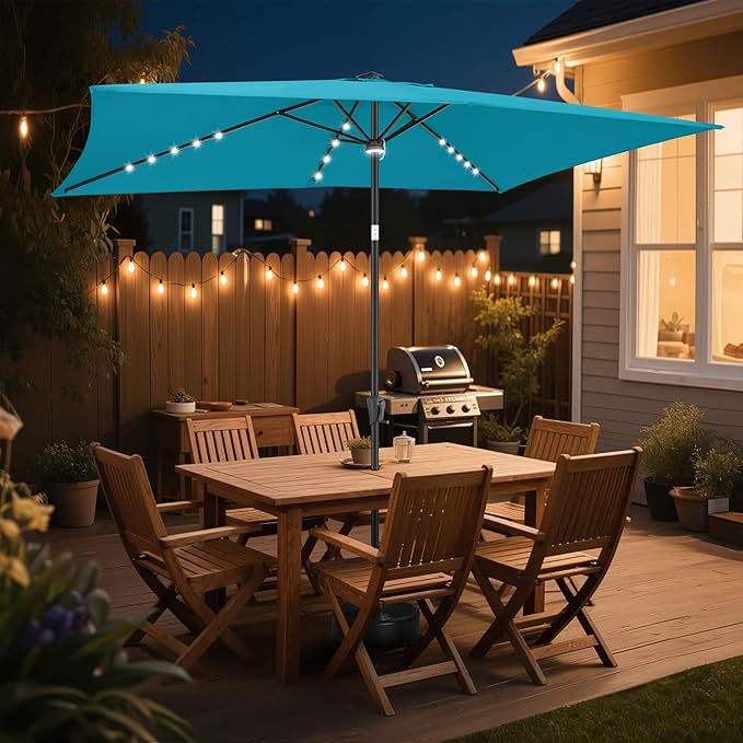 FLAME&SHADE 6.5 x 10 ft Rectangular Solar Powered Outdoor Market Patio Table Umbrella with LED Lights and Tilt, Aqua Blue