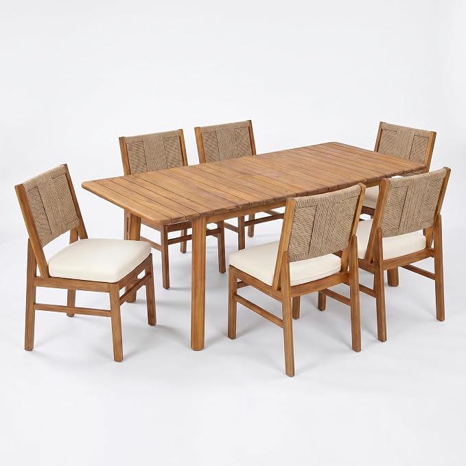 Christopher Knight Home Mave Acacia Wood Dining Table Set for 6, 7 Piece Patio Extendable Dining Table & Armless Chairs Set Of 6 with Cushion & Wicker Back, Patio Furniture Set, Cream+Light Brown+Teak