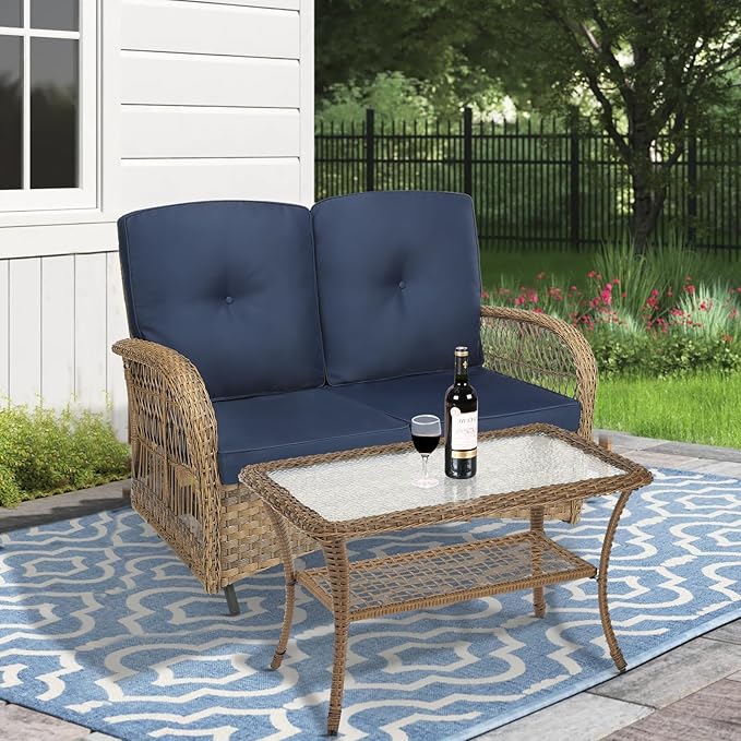 MEETWARM Outdoor Wicker Patio Glider Set, Loveseat for 2 Person Porch Furniture Glider with Glass-Top Coffee Table, Patio Glider Rocking Bench with Thickened Cushions, Navy Blue