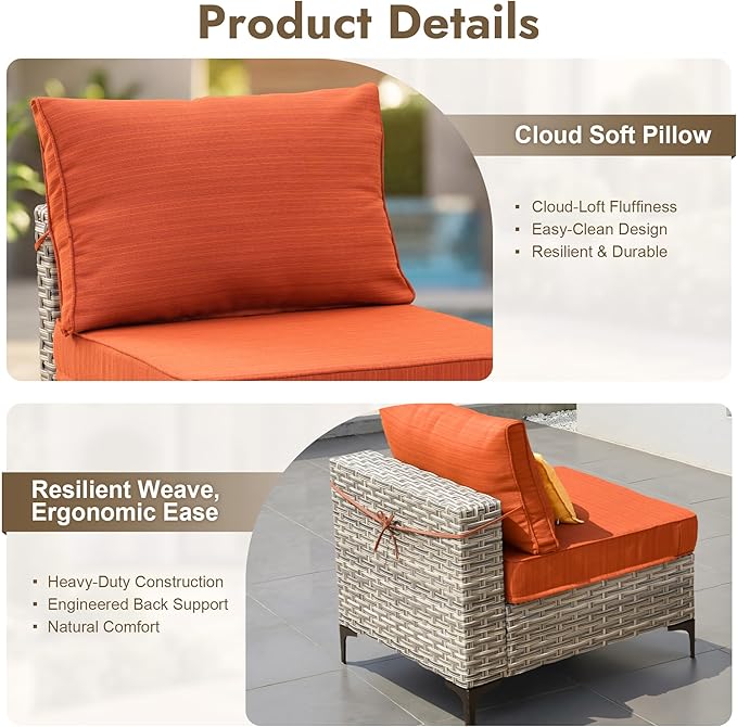 10 Pieces Outdoor Sectional Patio Furniture Set with Swivel Rocking Chairs,Wicker Conversation Sets Rattan L Shaped Couch,Modular Outdoor Sofa for Porch Balcony Backyard Orange