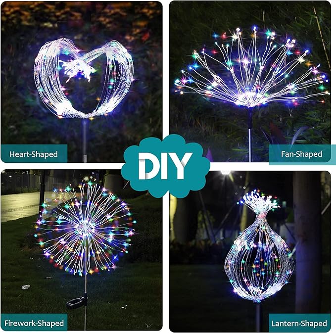 JJGoo Solar Firework Lights, 2 Pack 120 LEDs 2 Lighting Modes Solar Garden Lights Outdoor Waterproof for Yard Patio Walkway Pathway Party Wedding Christmas Decorative - Colorful