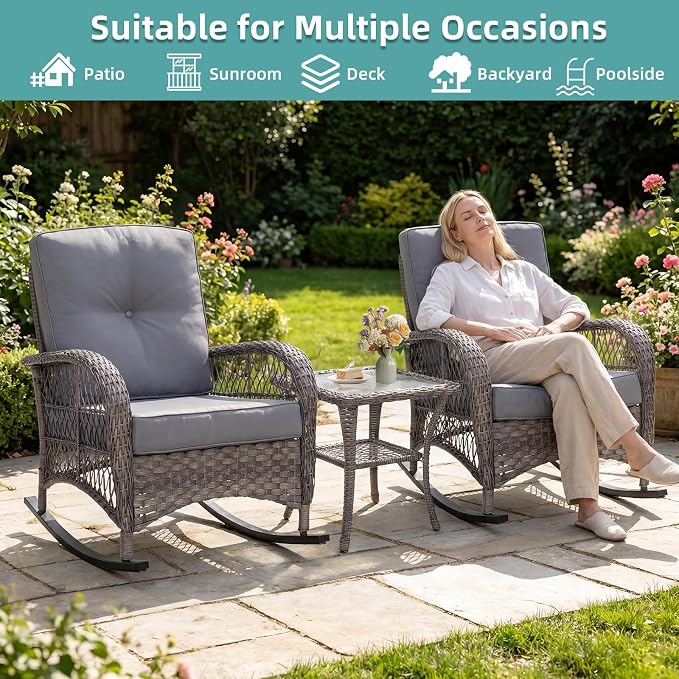 MEETWARM Wicker Outdoor Side Table, All-Weather Patio Rattan Side Table with Tempered Glass Top and Storage Shelf, Small Patio End Table for Outside Indoor Outdoor Balcony Porch Deck, Gray