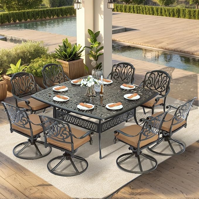 VIVIJASON 9-Piece Outdoor Furniture Dining Set, Cast Aluminum Patio Table and Chairs Set with 4 Stationary Chairs, 4 Swivel Rocker Chairs, 64" Large Square Dining Table, Umbrella Hole, Khaki