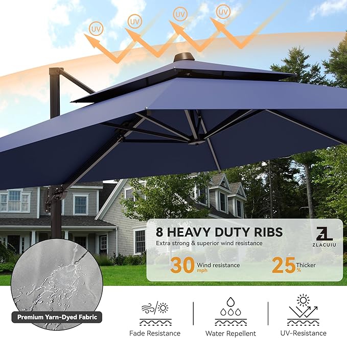 9x12FT Cantilever Patio Umbrella - Heavy Duty Double Layer Offset Design with 360° Rotation, Large Rectangle Sun Shade Umbrella for Garden, Deck, Pool, Backyard, Navy Blue