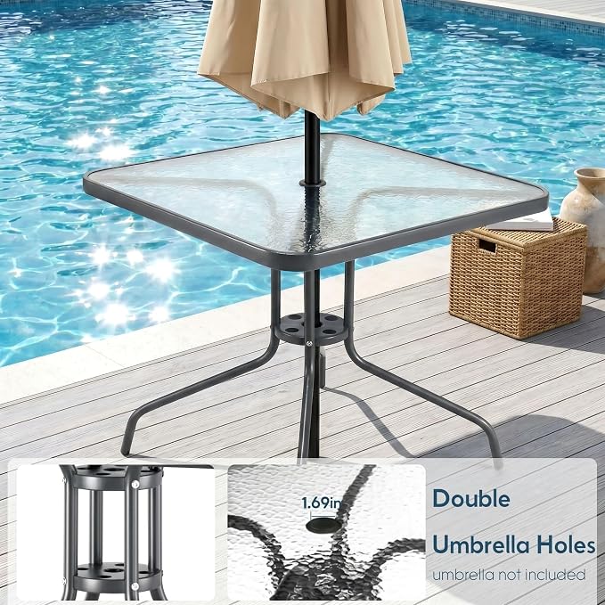 Arlopu 5 Piece Outdoor Patio Dining Set (Umbrella not Included), Porch Furniture with 4 Textline Chairs, 1 Square Glass Table for Garden, Backyard and Poolside, Lawn (Browm)