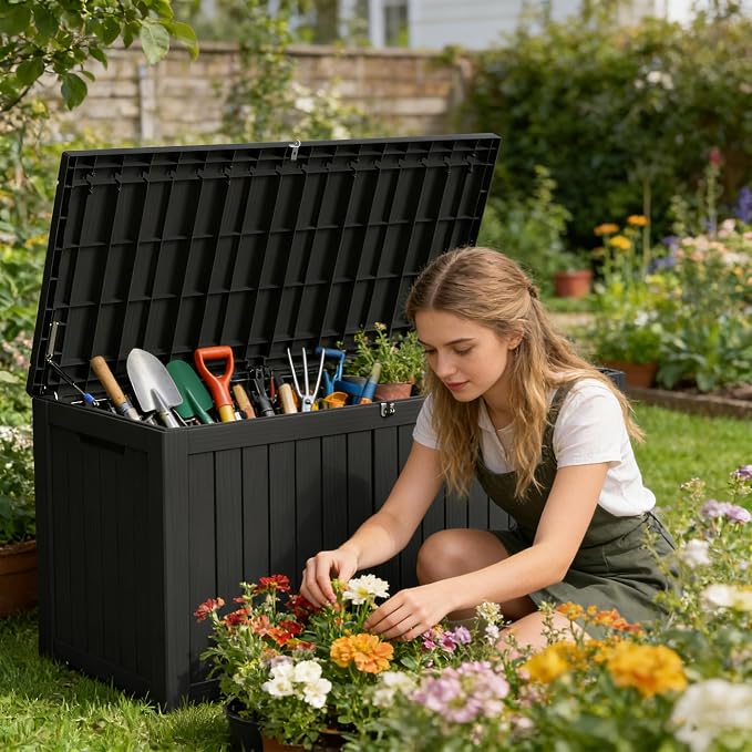 180 Gallon Outdoor Storage Box Resin Deck Box All Weather Waterproof Large Lockable Storage Container Deck Box for Patio Furniture, Garden Tools, Lockable, Black