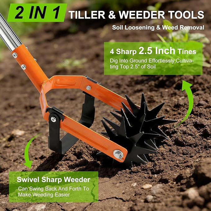Rotary Cultivator - 43"-72" 4-Piece Threaded Stainless Steel Handle, 6" Hardened Steel Tines, for Lawn Aeration, Soil Loosening & Grass Reseeding