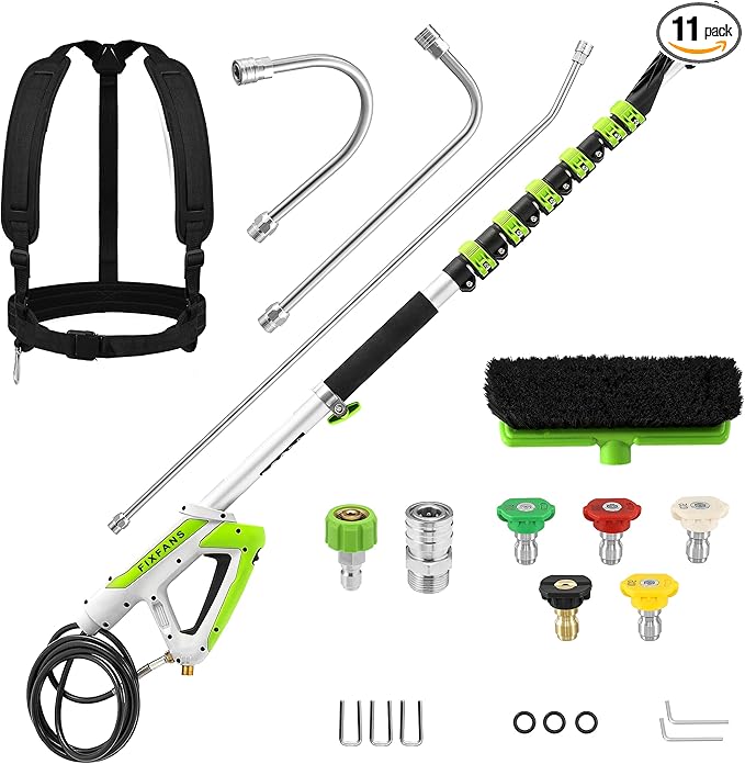 FIXFANS 21 FT Telescoping Pressure Washer Wand with Brush, 4000 PSI Telescopic Power Washer Extension Wand, 3 Gutter Cleaner Curved Rods, 5 Nozzle Tips, 2 Hose Adapters and Support Belt