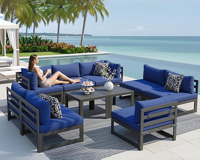 NICESOUL Extra Large Modern Aluminum Outdoor Sofa, 29" Deep Wide Seating, 500 lbs Heavy Duty Sectional Set for Heavy People, Fade & Water Resistant Patio Furniture Set for Backyard Poolside, Navy Blue