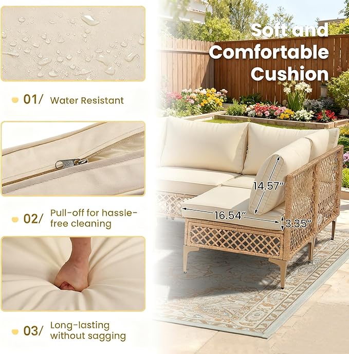 7 Piece Patio Furniture Set, Outdoor Wicker Sectional Sofa Conversation Set with Water Resistant Thick Cushions & Tempered Glass Coffee Table for Backyard, Porch, Boho Style, Natural/Beige