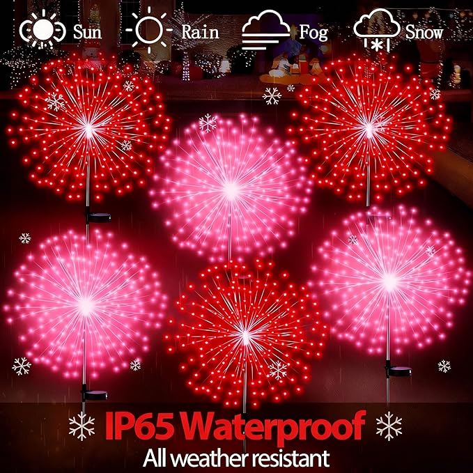 Tujoe 4 Pack Valentines Day Solar Firework Lights 180 LED 8 Lighting Modes Waterproof Solar Lamps Decorative Garden Stake Lights for Valentines Wedding Party Pathway Patio Decor