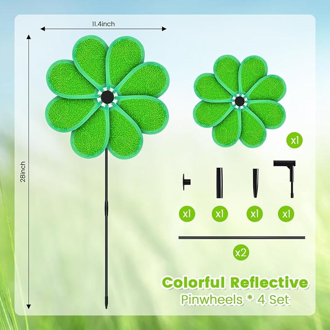 4PCS 11.4" W x 28" H Reflective Pinwheels Sparkly Lawn Wind Spinners Colorful Rainbow Windmill for Garden Decoration Bird Devices Deterrent to Scare Birds Away（Green）