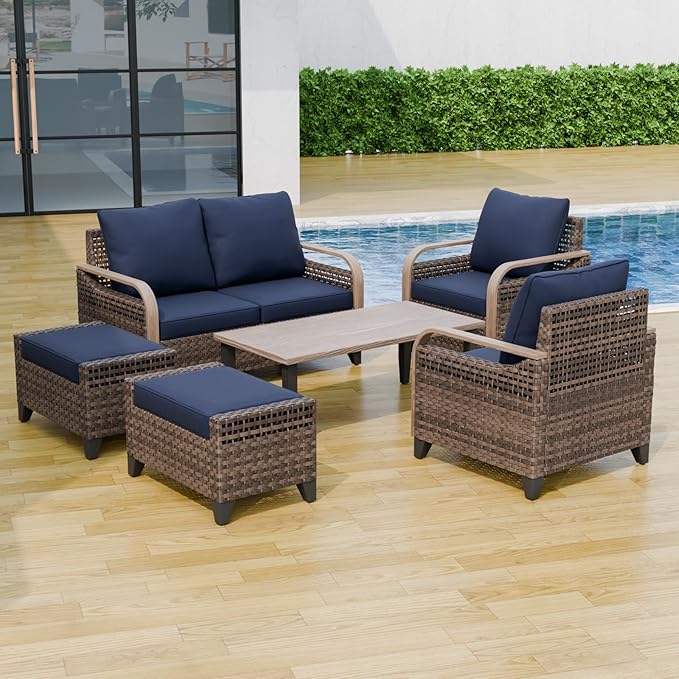 Modern Wicker Patio Furniture Set, Rattan Outdoor Conversation Set with Comfortable Cushions, 2 Patio Chairs, 2 Seat Loveseat, 2 Ottomans and Coffee Table, 6 Pieces, Brown/Blue