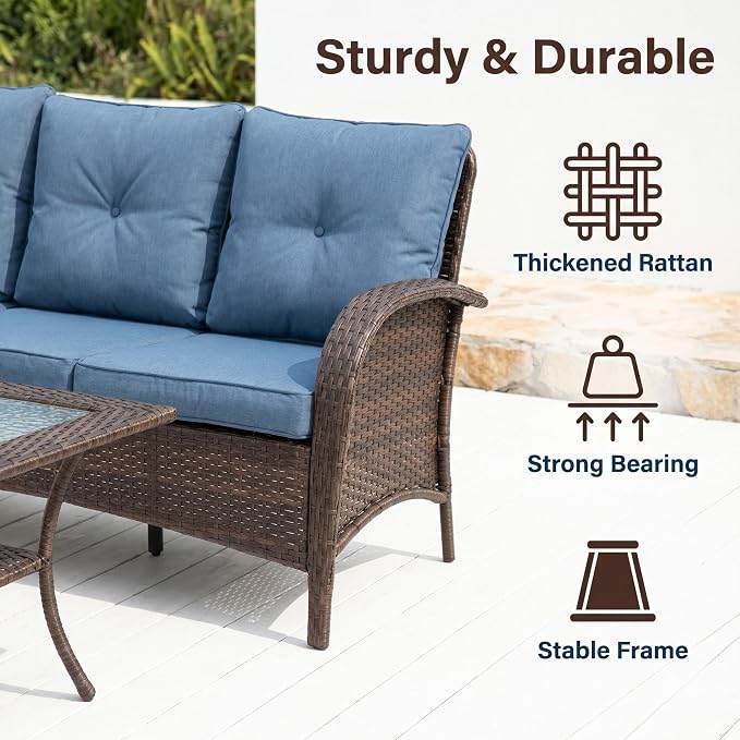YLGJ&TIDY Outdoor Furniture 2PCS Set All-Weather Brown Wicker Patio Conversation Set 3 Seater Rattan Sofa Glass Coffee Table for Garden Backyard Porch Balcony w/Thick Cushions (Blue,2PCS Sofa/Table)