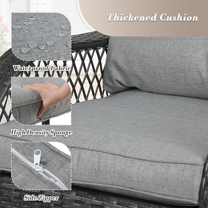 Athena Collection Swivel Patio Furniture Set, Outdoor Table and Chairs Set 3 Piece All Weather PE Rattan Conversation Set with Upholstered Seat and Backrest for Bistro, Garden, Backyard, Gray